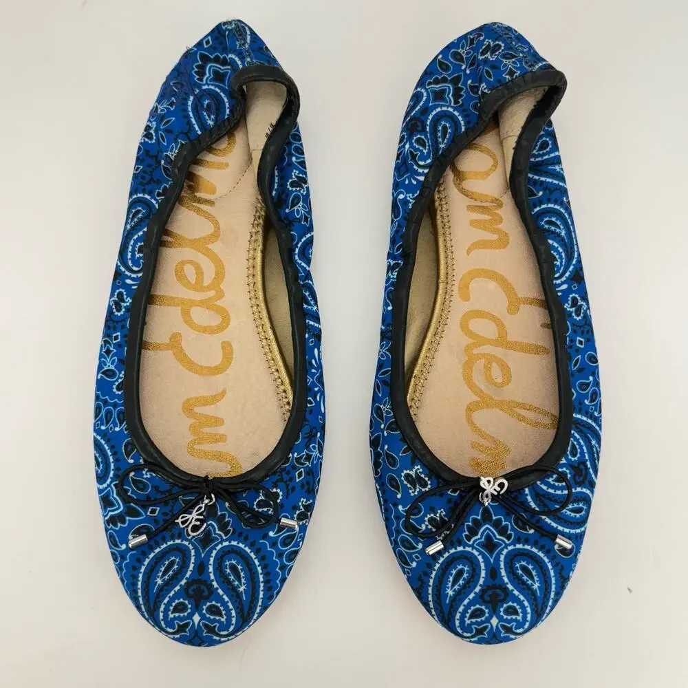 Sam Edelman Felicia Blue Paisley Fabric Leather Bow Ballet‎ Flats Sz 7.5